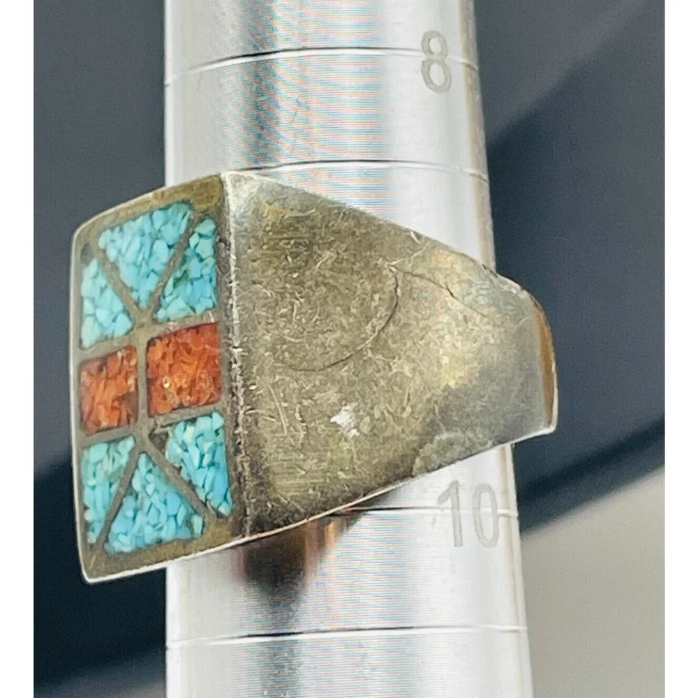 Crushed Turquoise and Coral Inlay Sterling Silver Ring Size 9.5 Native American